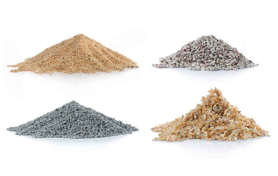 Diverse Substrate, Granulate und natürliche Zuschlagstoffe verbessern die Eigenschaften der fertiggestellten Oberlflächen und Schichten.